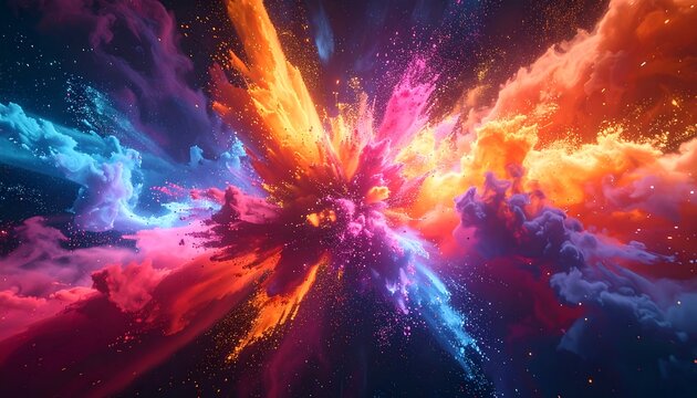 Vivid explosion of color with bright oranges, pinks, blues emanating from center against a star-flecked dark background