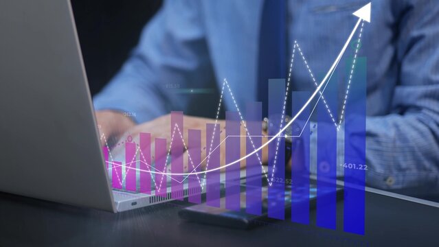 Businessman analyzing 3D data statistics on laptop. Analytics and digital strategy concept. Graphic - Powered by Adobe