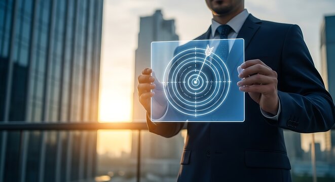 Businessman Holding Digital Target Screen in Urban Setting, Representing Corporate Strategy, Future Vision, and Goal Achievement