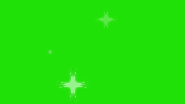 Shimmering twinkle star sparkle animation, white cartoon star doodles flashing brightly across clean green screen, glowing glitter light rays forming a smooth 4K animation.