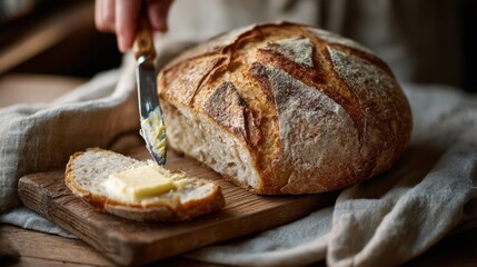 bread with butter — hand spreading butter on warm artisan sourdough loaf, comforting rustic kitchen scene, natural light food photography for bakery marketing, recipe blog, breakfast