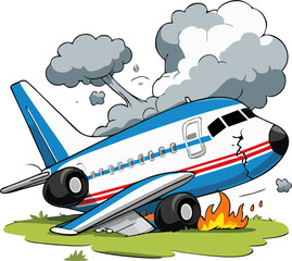 Cartoon Airplane Crash Vector Illustration – Burning Broken Aircraft, Smoke, Fire