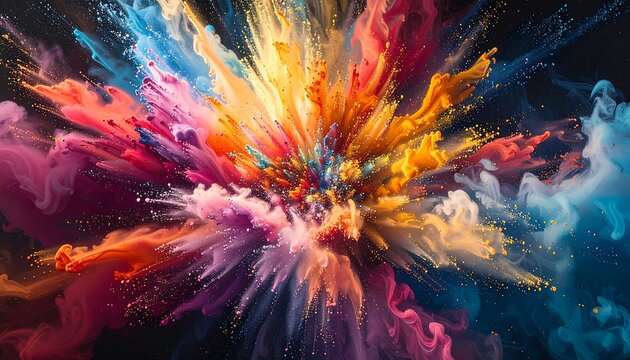 Vivid explosion of colors, like smoke or dust, bursting from the center in abstract forms