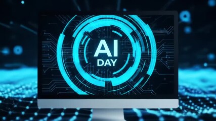 Computer monitor displaying the text ai day with a futuristic blue circuit board background, representing artificial intelligence and technology