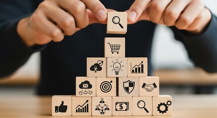 Businessman touching a digital interface with marketing and business icons, representing digital marketing and business strategy