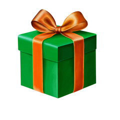 Bright Green Watercolor Gift Box with Golden Ribbon – High-Resolution Watercolor Painting Clipart