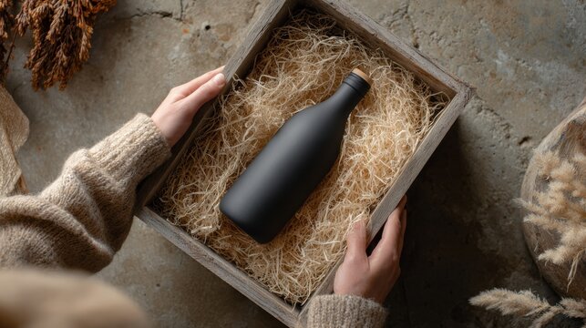 Gift Packaging — hands reveal matte black bottle in rustic straw box, cozy warm mood, natural eco style, ideal for artisanal branding mockup and holiday present, top view product