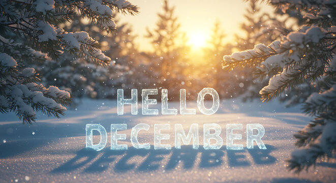 Hello December Greeting Text in Snowy Winter Landscape Background Scene - Powered by Adobe