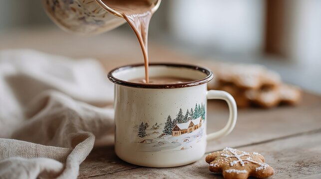 Winter Hot Chocolate pour into vintage enamel mug with gingerbread cookies — cozy rustic still life for holiday food and beverage