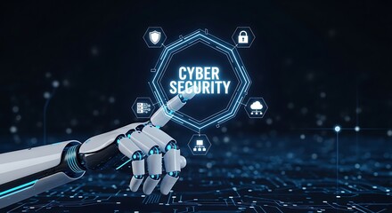Robotic hand touching a glowing hexagon with the words cyber security inside, surrounded by digital icons representing data protection and online safety