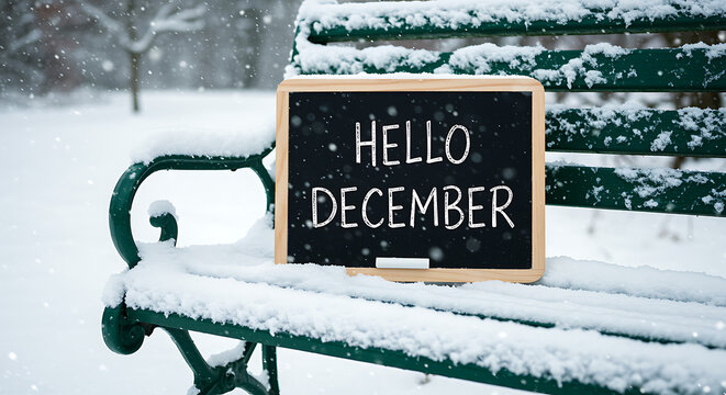 Hello December snowy bench in park winter season greeting concept