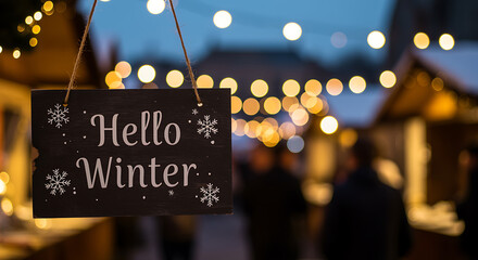 Hello Winter sign at a festive winter market scene illuminated