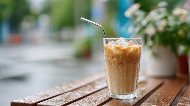 iced coffee rainy day, glass iced latte with metal straw and condensation on wet wooden table, calm cozy mood, realistic lifestyle food photography for cafe menus, branding, and seasonal - Powered by Adobe