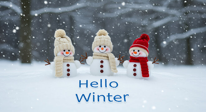 Three snowmen in winter landscape with falling snow Hello Winter text