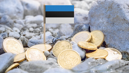 Estonia flag with euro coins on a rocky riverbank.Estonian economy,business, finance, savings, investment, European currency, and the stability of the eurozone.