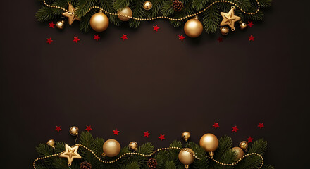 Elegant Christmas frame featuring lustrous golden baubles, vibrant green fir branches, and sparkling stars on a deep, rich dark backdrop for festive designs and winter celebrations