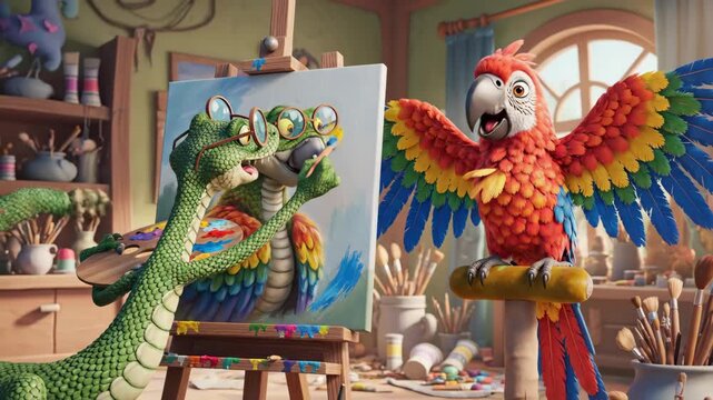 Animated parrot and alligator painting portrait in a studio setting