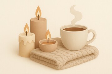 Cozy composition with steaming cup of coffee surrounded by assorted candles creating a warm inviting atmosphere for relaxation and mindfulness practices captured with clarity