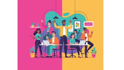 Diverse enthusiastic team celebrating success in a modern colorful collaborative office space