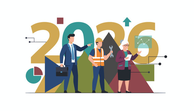 Diverse professionals planning business goals for 2026 Future outlook and economic growth concept