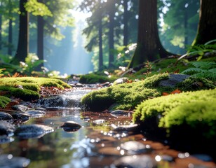 Strumyk płynący przez las otoczonymi omszałymi kamieniami