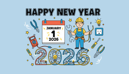 Happy New Year 2026 greeting card with an electrician calendar and circuit board numbers