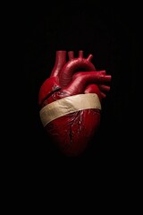 Realistic human heart wrapped with a band, dark moody background.