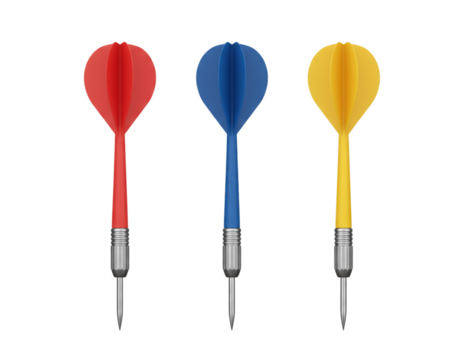 Set of Three Colorful Darts in a Row, isolated on a transparent background