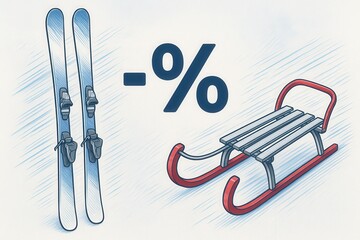 Ski equipment promotion featuring professional skis and a classic wooden sled with modern discount symbols conveying winter sports excitement and recreational leisure