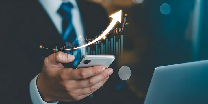 Investment and finance concept, businessman holding phone virtual trading graph. stock market, profits and business growth. Businessman showing a growing virtual hologram stock