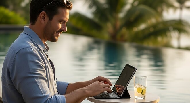 Man Using Tablet Near Swimming Pool in Outdoor Setting with Glass of Lemon Water - Powered by Adobe