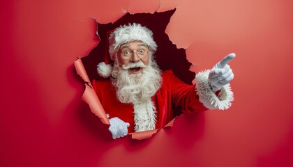 Święty Mikołaj wychodzący z dziury w podartym czerwonym papierze i wskazujący palcem do góry