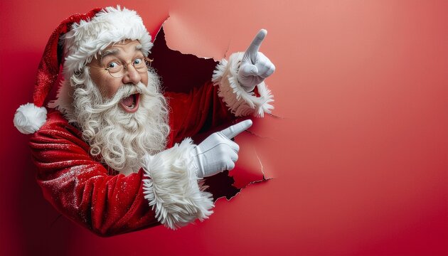 Santa Claus emerging from a hole in torn red paper and pointing upwards