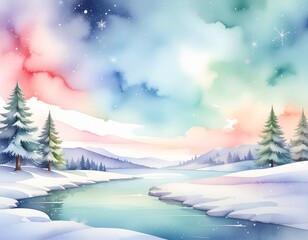 Akwarelowy krajobraz z rzeką, drzewami. Minimalizm, natura