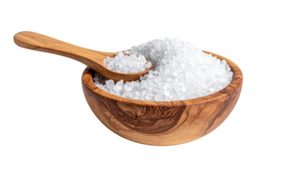 Wooden Bowl Of Sea Salt With Scoop On Transparent Background For Culinary
