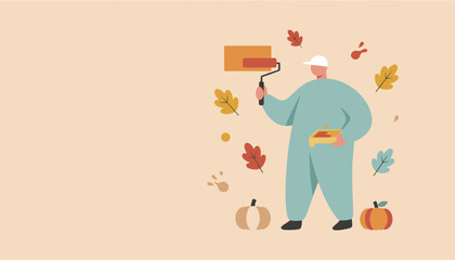Autumn renovation illustration Worker painting wall with seasonal colors and falling leaves