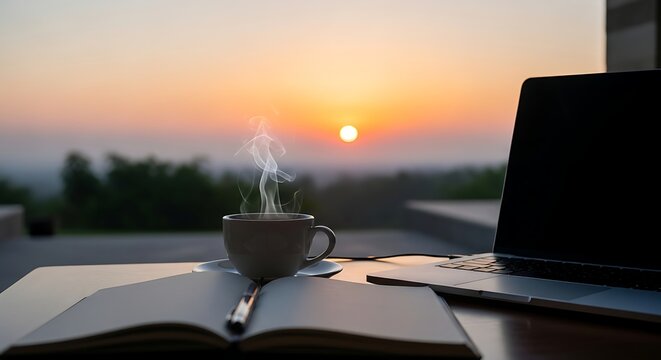 Coffee Cup and Laptop on Desk During Sunrise with Open Notebook and Pen in Warm Morning Light. representing the concept of remote work and digital nomad lifestyle.