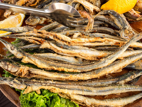 fried local Black Sea garfish fishes closeup