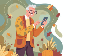 Happy senior man uses smartphone in autumn setting with pumpkins and leaves Copy space illustration
