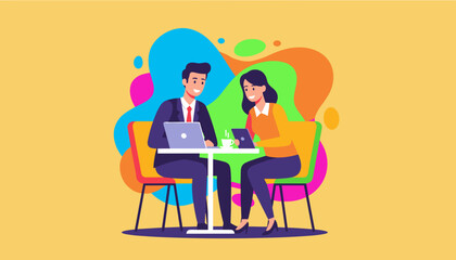 Business teamwork illustration two professionals collaborating remotely with laptop and tablet