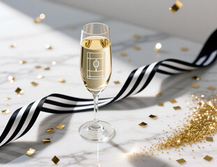 Champagne flute with tennis logo, confetti, and ribbon on marble.