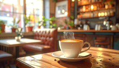 Warm cup of coffee rests on a wood table with a sunlit cafe background, cozy and inviting