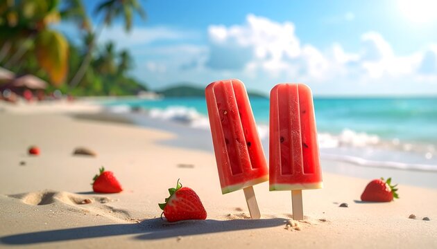 Watermelon popsicles on sandy beach with strawberries; palm trees and blue water backdrop under a sunny sky - Powered by Adobe