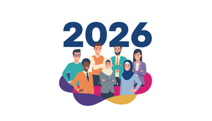 Diverse business team stands under 2026 representing future vision success and teamwork
