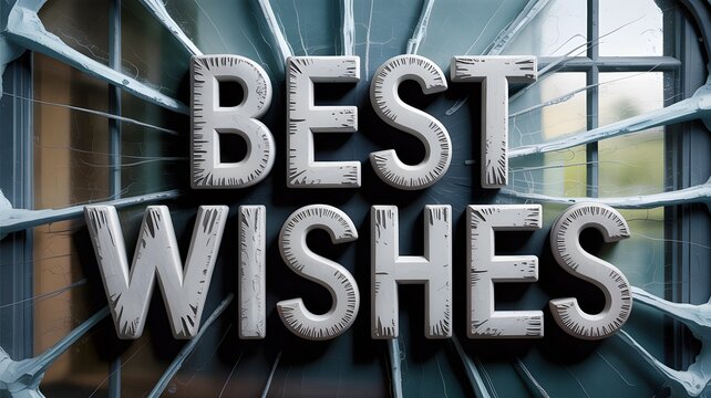 Shattered Window Glass Texture and 3D White Text "Best Wishes" – Cracked Surface Winter Holiday Greeting Art and Festive Celebration Concept – Abstract, Dramatic, New Year Wallpaper Digital Background