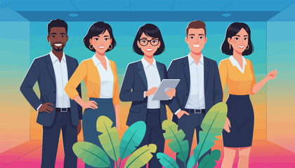 Confident diverse business team collaboration using a digital tablet in a colorful modern office