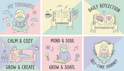 Handdrawn pastel illustrations of selfcare journaling reflection and cozy mental health concepts