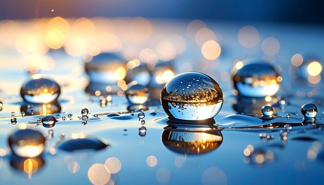 Water droplets gleam on a shiny surface, reflecting golden light. Bokeh in background - Powered by Adobe
