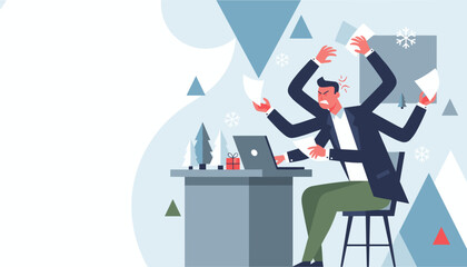 Angry worker juggling tasks and paperwork during the stressful holiday business season