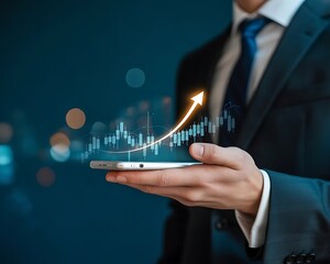 Investment and finance concept, businessman holding phone virtual trading graph. stock market, profits and business growth. Businessman showing a growing virtual hologram stock